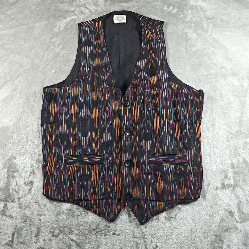 Vintage Guatemalan Ikat Vest Mens Medium Artesania New York Woven Cotton Western